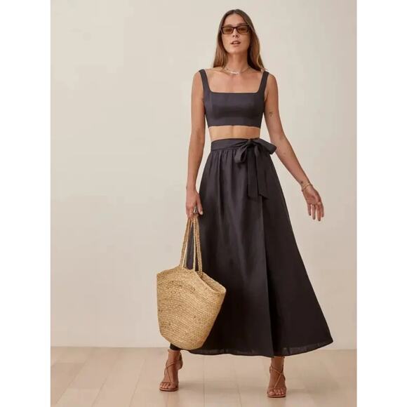 Reformation Dresses & Skirts - Reformation Linen Palm Set 4 Black Two Piece Set Crop Top Skirt Vacation Resort
